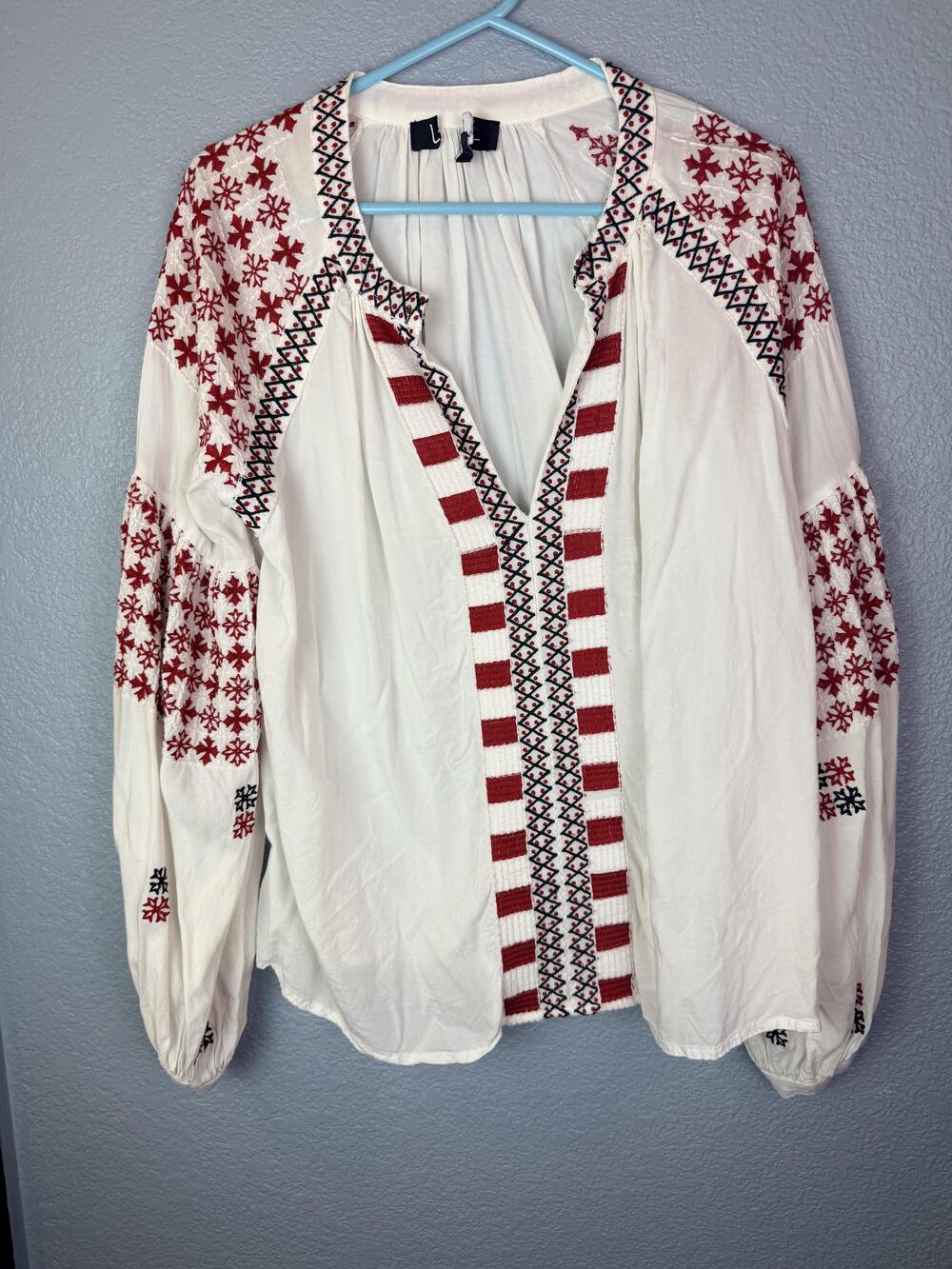 Lulus Blouse Womens Large White V Neck Embroidered Balloon Sleeve Boho Peasant